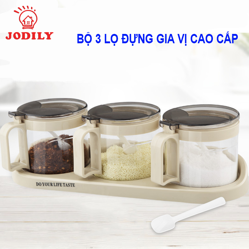 Bộ 3 Hộp Đựng Gia Vị Thủy Tinh Cao Cấp Jodily - Có Chân Đế, Nắp Đậy Tiện Dụng