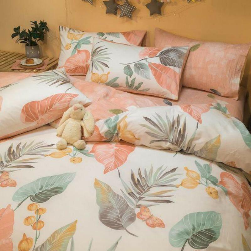 Bộ chăn ga gối cotton fly nhập khẩu mẫu lá hồng