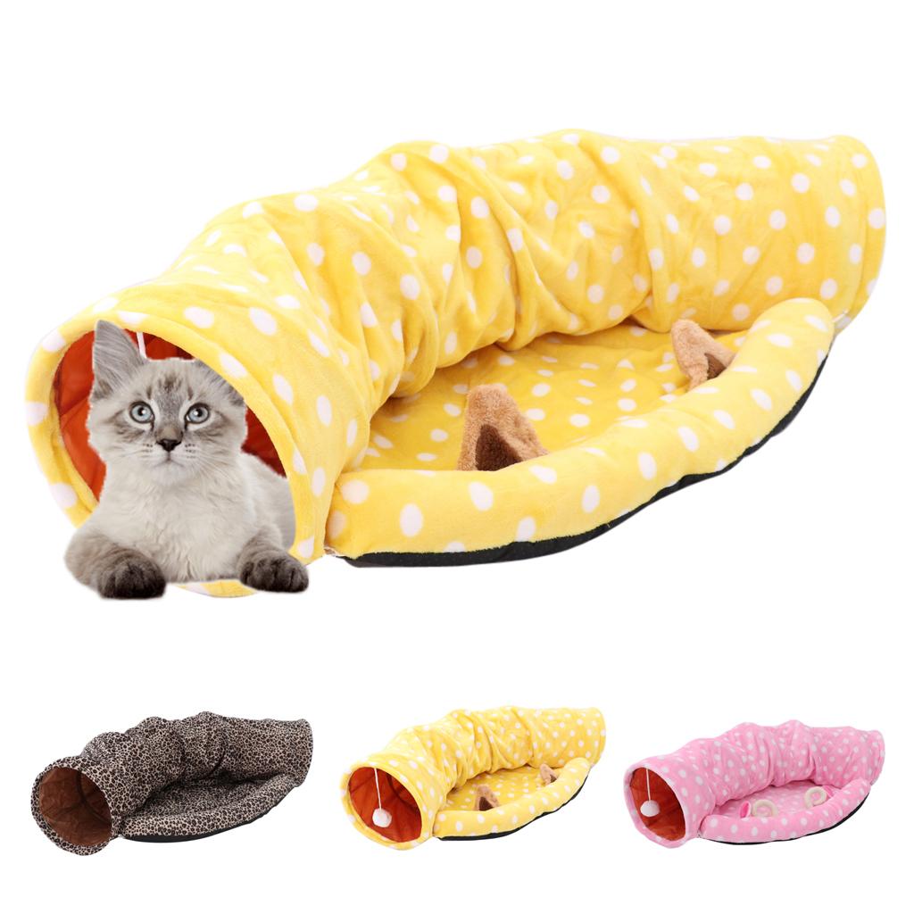 Foldable Cat Tunnel Bed-Kitten Indoor Playing Funny Toy Hanging Fluffy Ball Pink