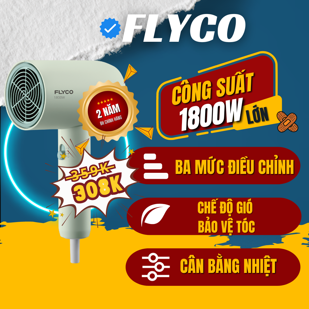 Máy Sấy Tóc Flyco FH1622VN (1800W) Chế Độ Sấy Lạnh Bảo Vệ Tóc - Hàng Chính Hãng