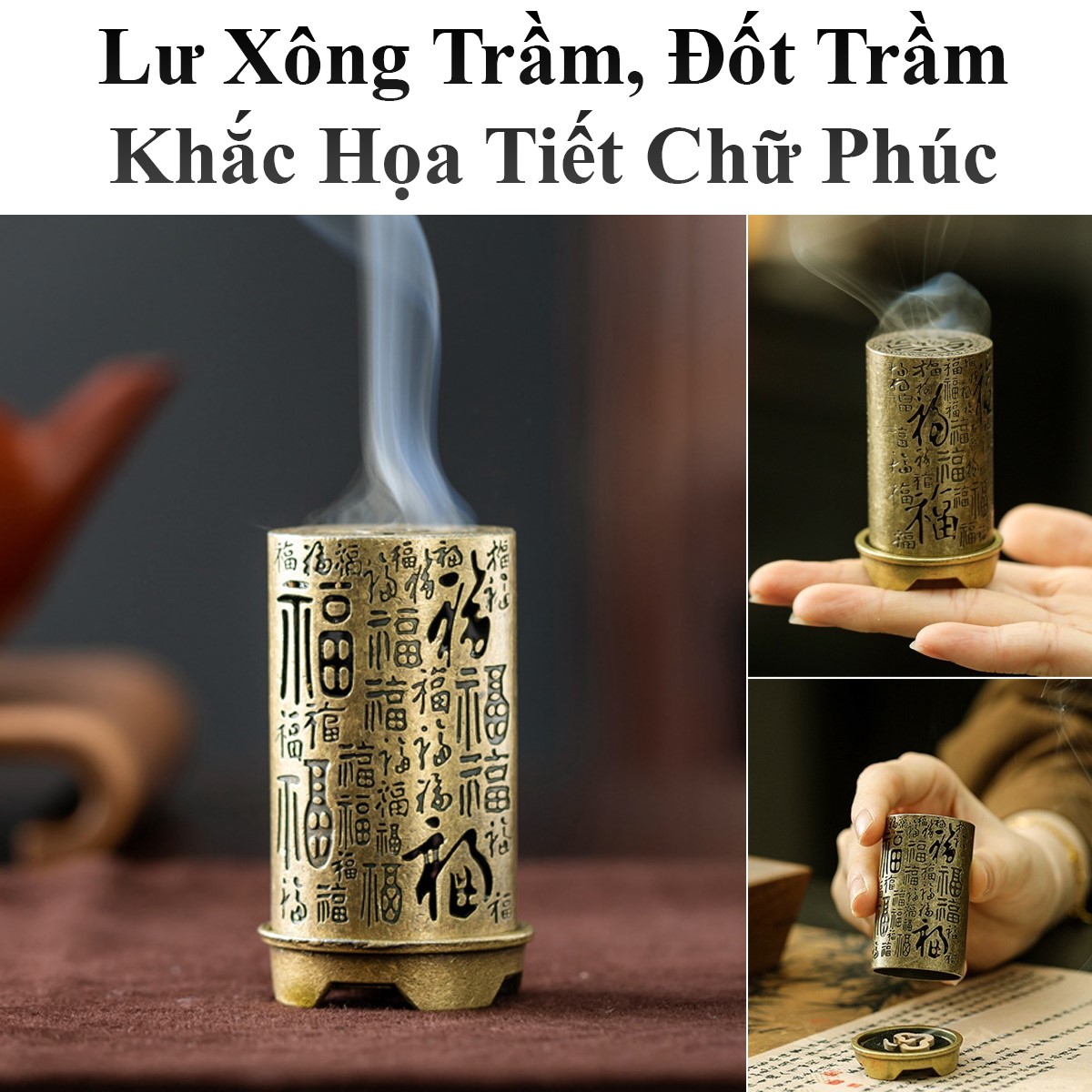 Lư Xông Trầm, Đốt Trầm Hương Khắc Họa Tiết Chữ Phúc