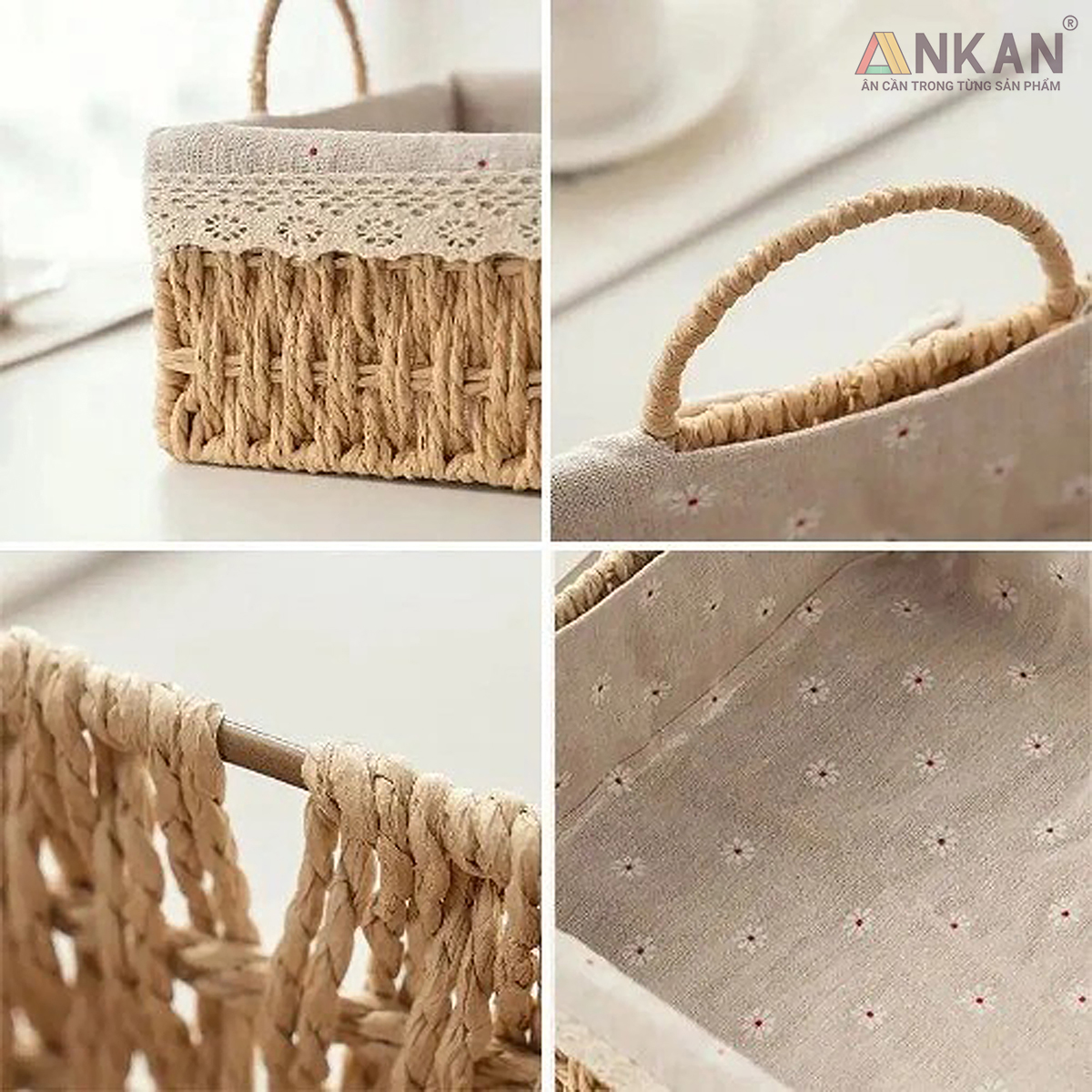 Giỏ Decor Có Quai Xách – Bộ 4 Kiểu Dáng Thủ Công Đẹp Mắt, Lót Vải Vintage, Đựng Đồ &amp; Trang Trí Tinh Tế