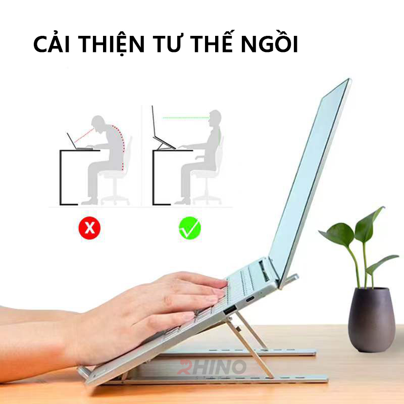 Giá đỡ Laptop, cho macbook, cho ipad tản nhiệt Rhino KL101, kệ đỡ máy tính nhôm gấp gọn, tặng túi đựng - Hàng chính hãng