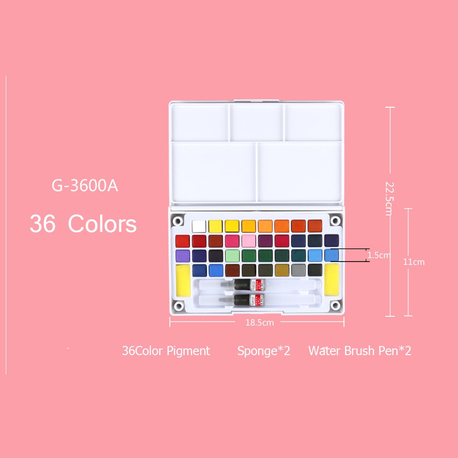 Màu nước dạng nén cao cấp G3600A set 36 màu solid watercolor đi kèm 2 cây cọ nước dành cho vẽ tranh