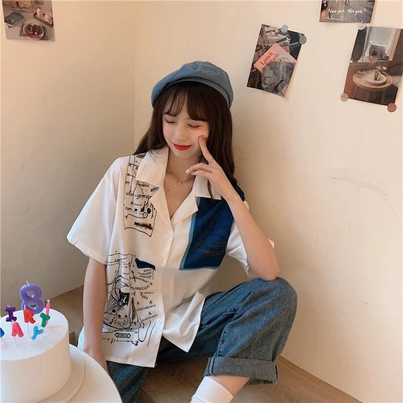 Sơ Mi Nữ Phong Cách Ullzang In Hình Xinh Xắn, Cổ Áo Dạng Vest Nổi Bật, Vải Kate Thoáng Mát