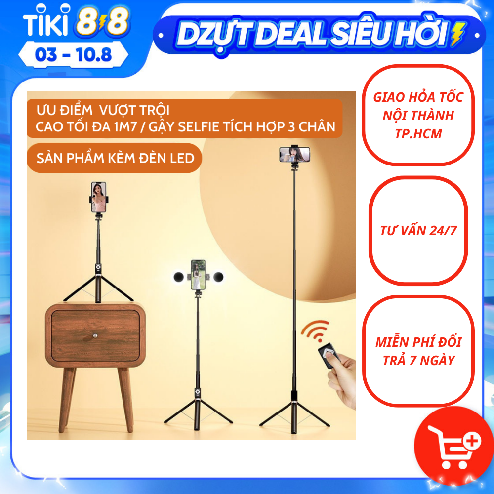 Tripod mini - Gậy chụp ảnh - gậy tự sướng bluetooth không dây BT11 Selfie stick Tripod CAO1,7 mét kèm đèn led và điền khiển chụp ảnh từ xa - Giao màu ngẫu nhiên - Hàng Chính Hãng