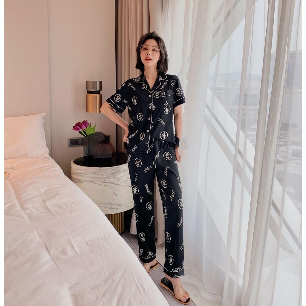 Pijama Nữ - Bộ Ngủ Cộc Dài Vải Lụa Cao Cấp Màu Đen Họa Tiết Chữ CDLP06 - XL &lt; 66kg