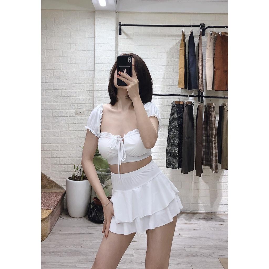 Bikini, đồ bơi đi biển 2 mảnh nữ áo tay phồng Hiền Hồ phối váy 2 tầng đẹp HM-070