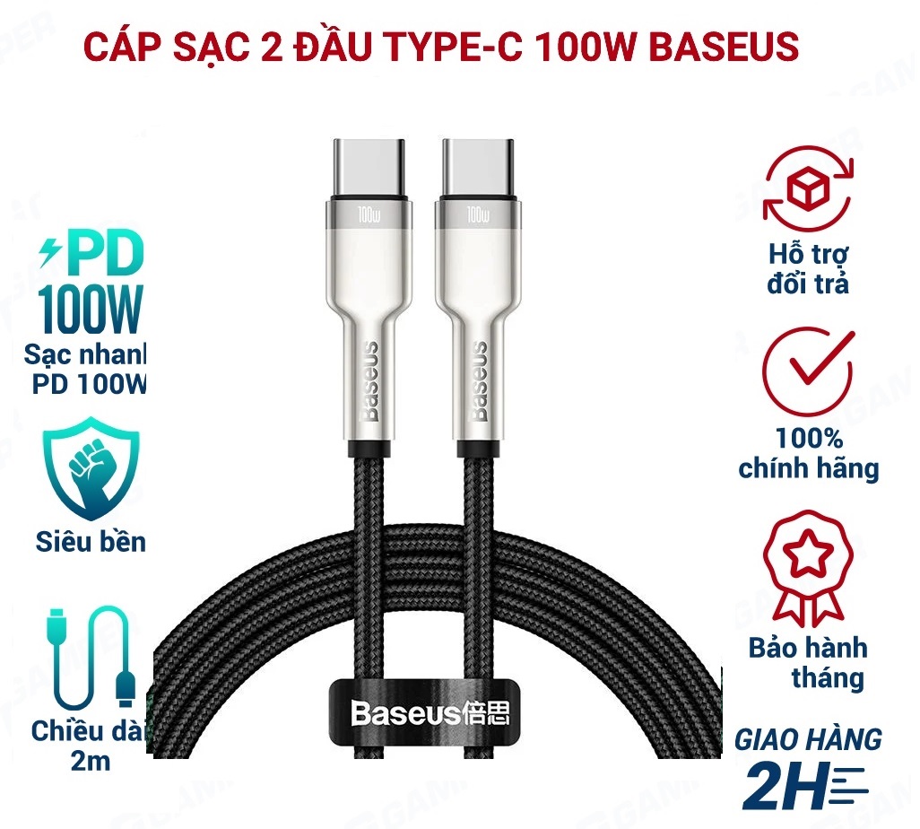 Cáp sạc nhanh 100W type c to type c Baseus Cafule Series Metal - dây sạc 2 đầu type c bọc dù dài 1m 2m cho androi samsung oppo,...vv - hàng chính hãng