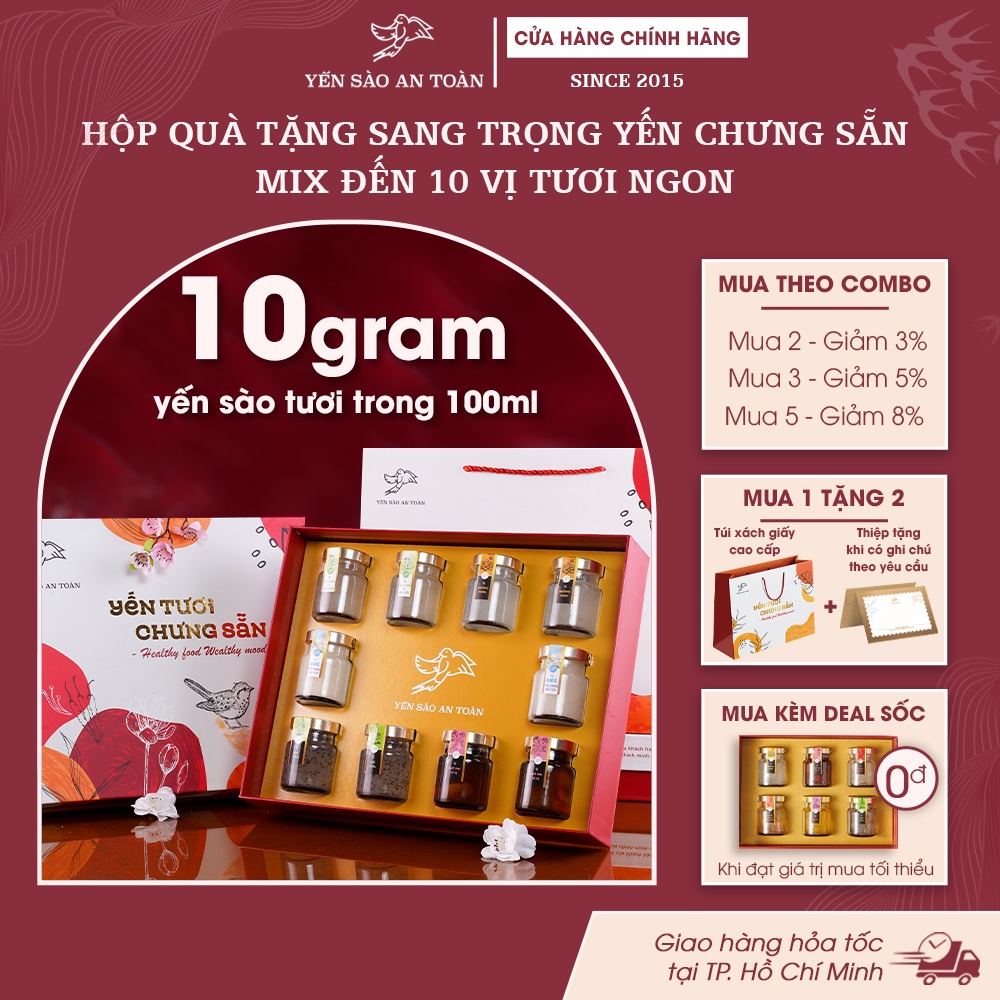 Hộp quà Tết 2024 cao cấp sang trọng và ý nghĩa mix đến 10 vị yến chưng sẵn ĐẬM ĐẶC YẾN TƯƠI từ Yến Sào An Toàn