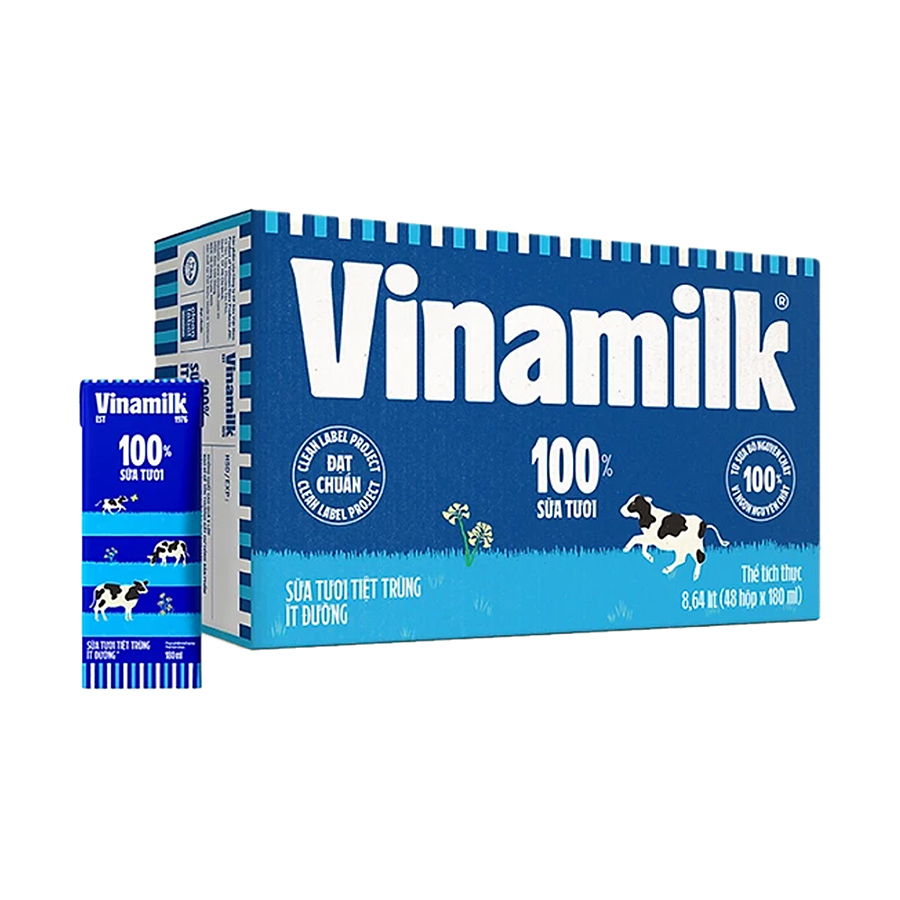 Thùng 48 Hộp Sữa Tươi Tiệt Trùng Vinamilk 100% Ít Đường (180ml)