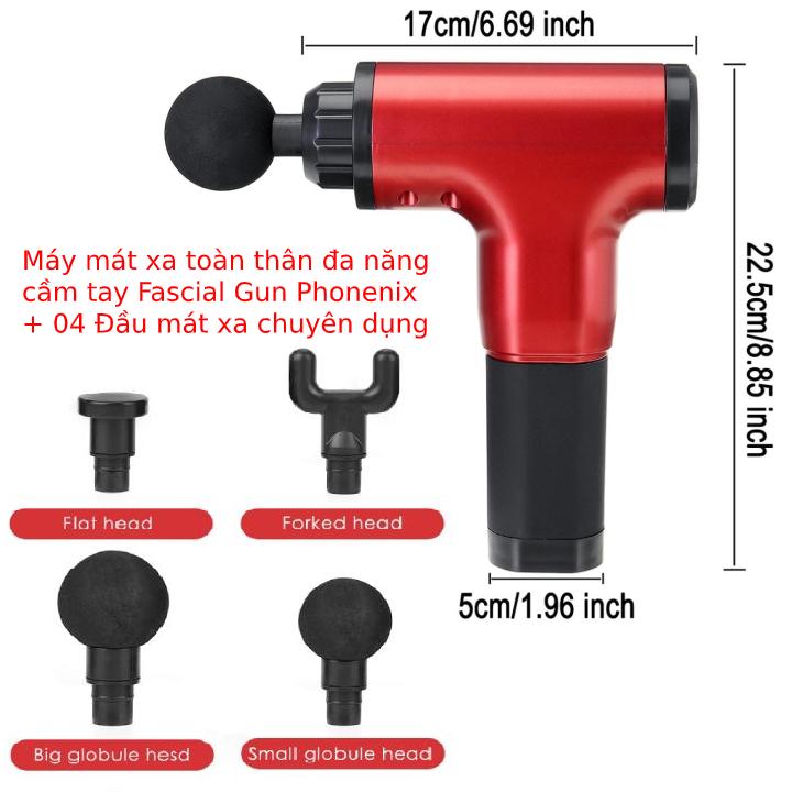 Máy mát xa massage mini đa năng cầm tay Fascial Gun Phoenix thế hệ mới - 6 Cấp Độ, Hỗ Trợ Mát Xa Chuyên Sâu, Giảm Đau Cơ, Cứng Khớp - Tặng kèm 04 đầu mát xa - Đỏ - GDHN Loại Tốt