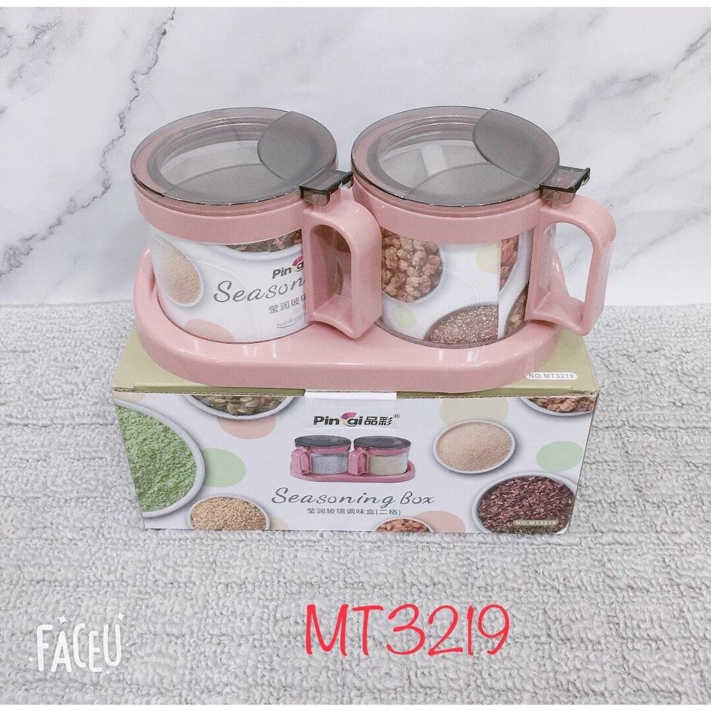 Bộ 2 hũ đựng gia vị thủy tinh Seasoning cao cấp có khay