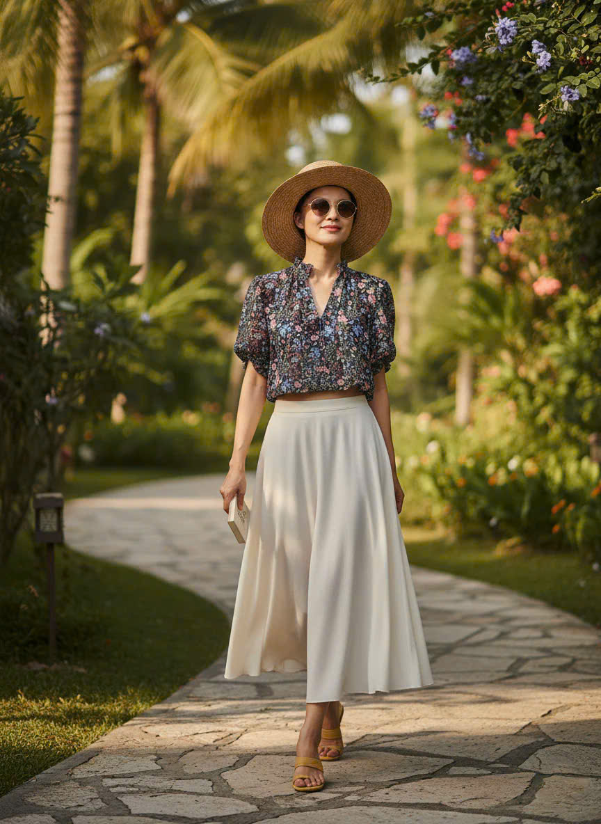 Áo Tay Phồng Điểm Ngọc, Áo Tay Phồng Cổ Lọ Thấp Chiffon Voan Hoa thời trang thiết kế Hity Top231