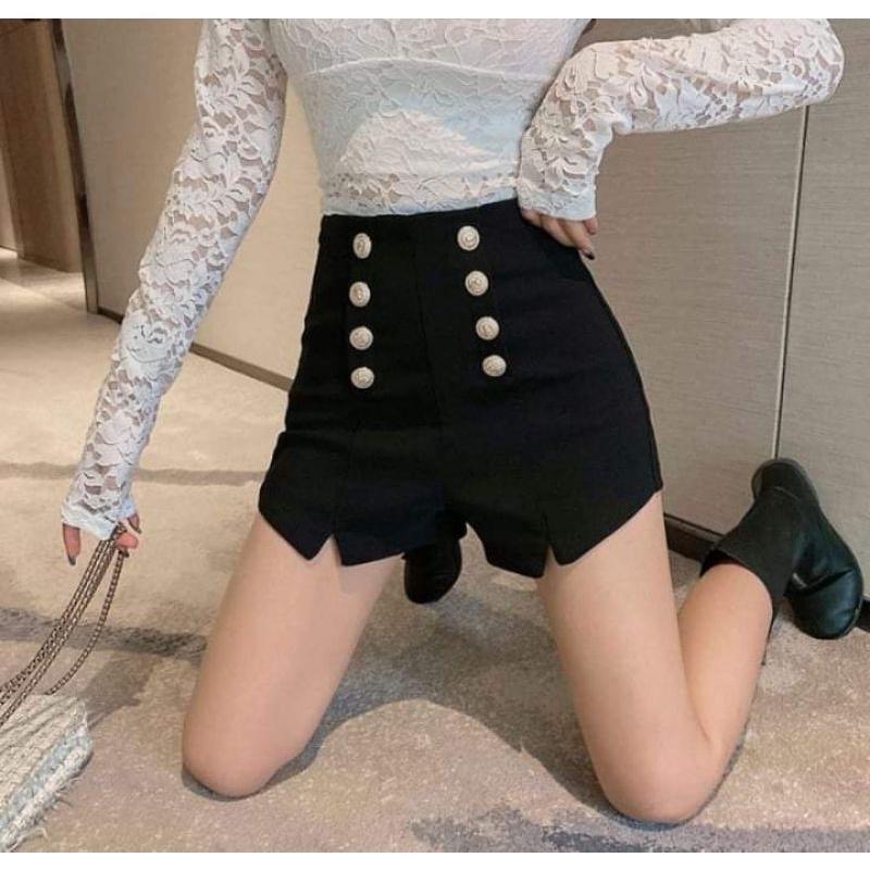 [L2M] Quần short nữ lưng cao tôn dáng PHỐI 8 NÚT xẻ đùi chất kaki co giãn thoáng mát - Đen