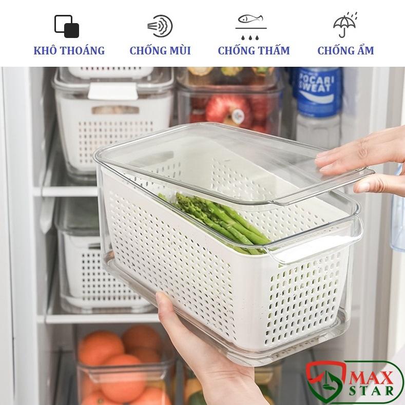 Hộp đựng thực phẩm tủ lạnh 2 lớp kiểu nhật có lắp đậy và lỗ thoát nước cao cấp Hộp đựng đồ tủ lạnh đa năng 