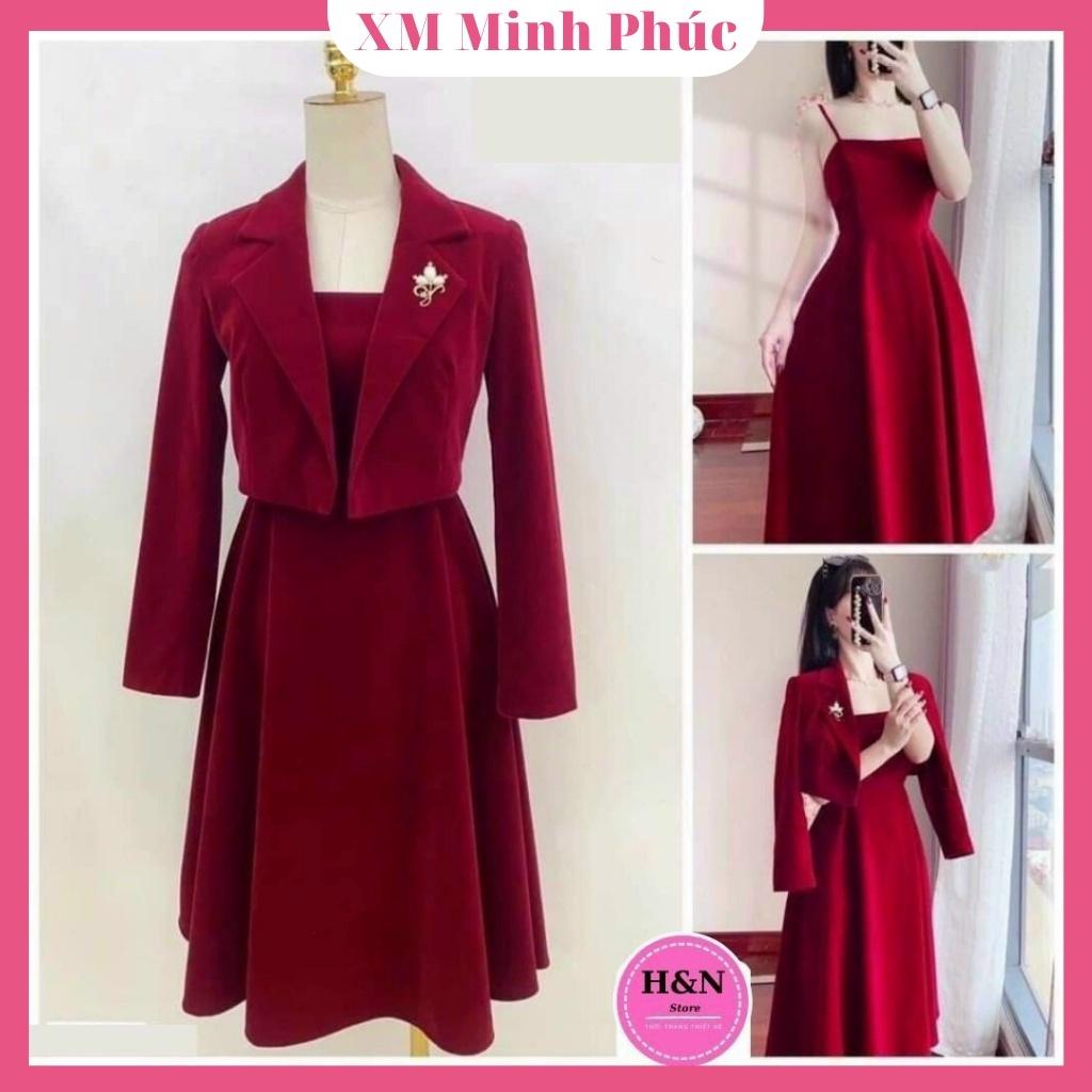 Sét đầm nữ 2 dây from xòe dáng dài kèm áo khoác vest ngắn ngoài, sang trọng, thanh lịch cho quý cô dự tiệc siêu xinh