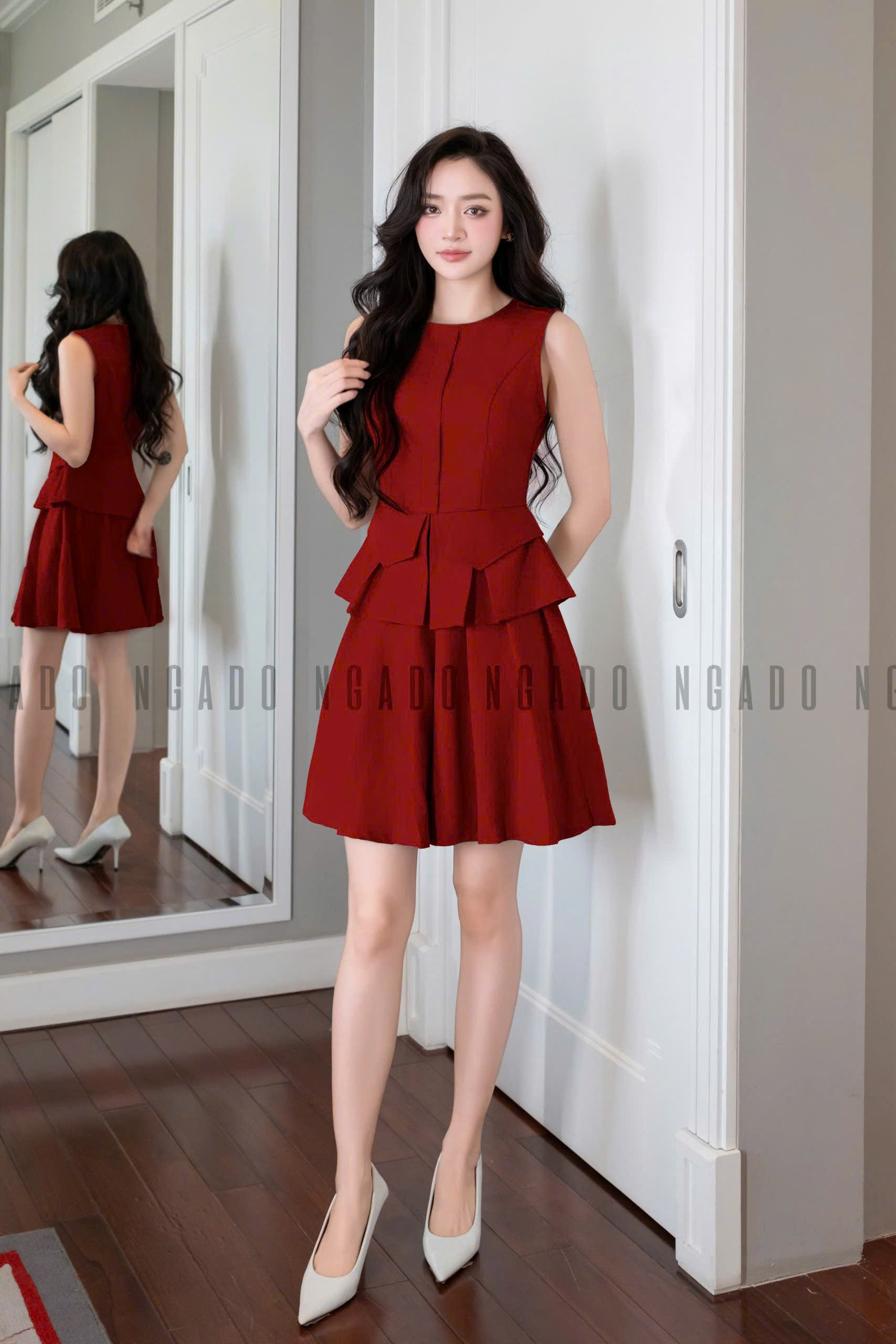 Set áo sát nách chân váy đỏ xếp ly NGADO , set áo váy Nữ , set dự tiệc , set công sở