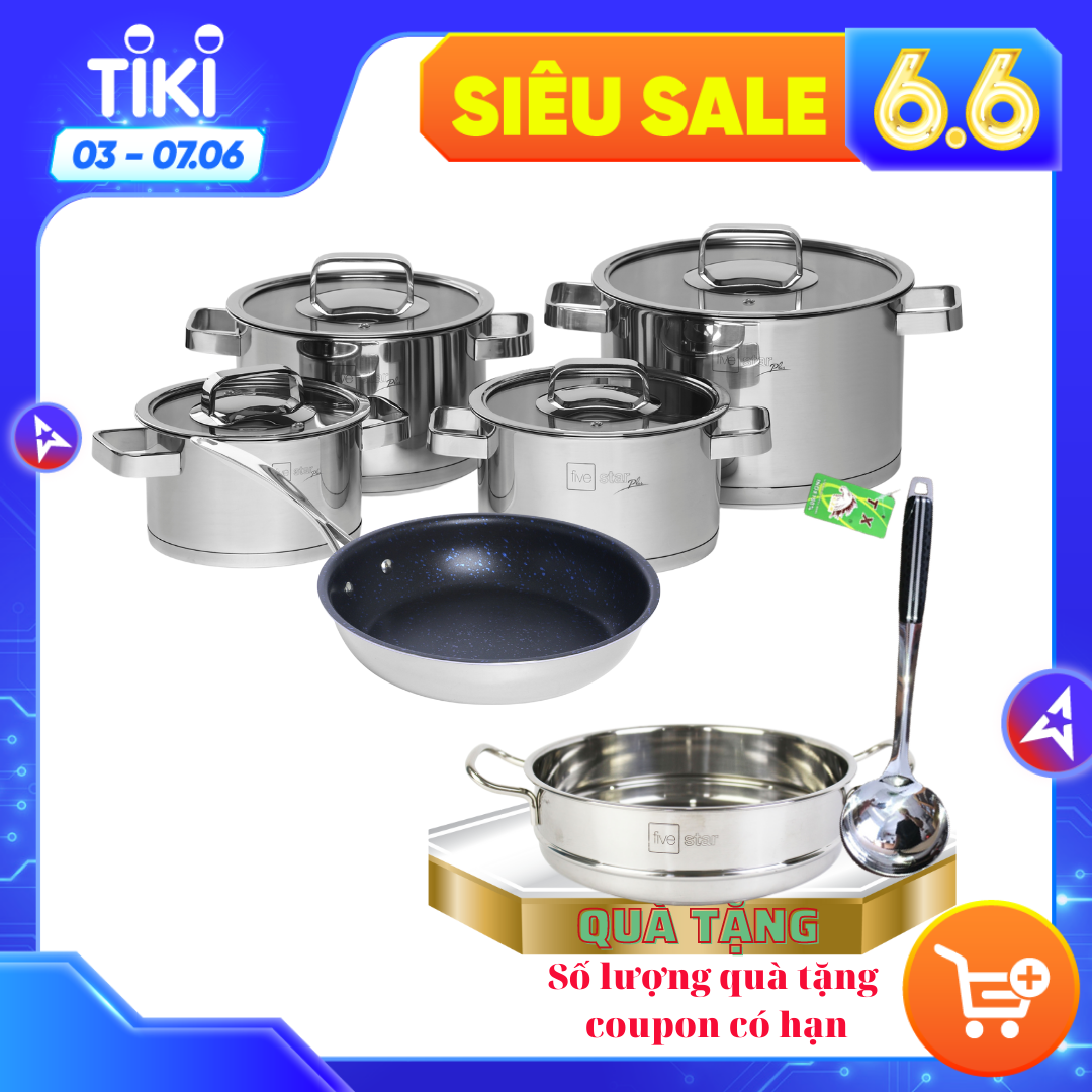 Bộ nồi và chảo chống dính vân đá inox 304 cao cấp Fivestar Plus 5 món nắp kính , tặng 1 vá canh