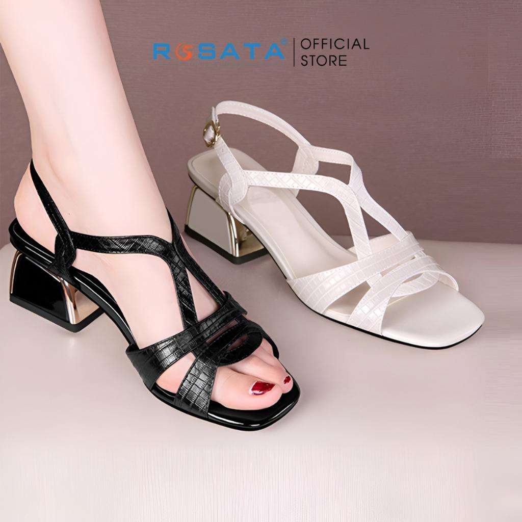 Dép sandal cao gót nữ ROSATA RO476 xỏ ngón phối dây mũi tròn quai cài hậu mảnh gót vuông cao 4cm xuất xứ Việt Nam - Trắng