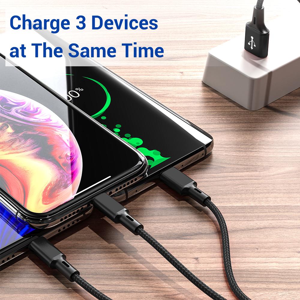 Dây cáp sạc chính hãng TOPK AN20 nhiều cổng sạc USB micro type C lightning 3 trong 1 cho điện thoại iPhone Samsung Huawei dài 1.2M (Dây cáp)