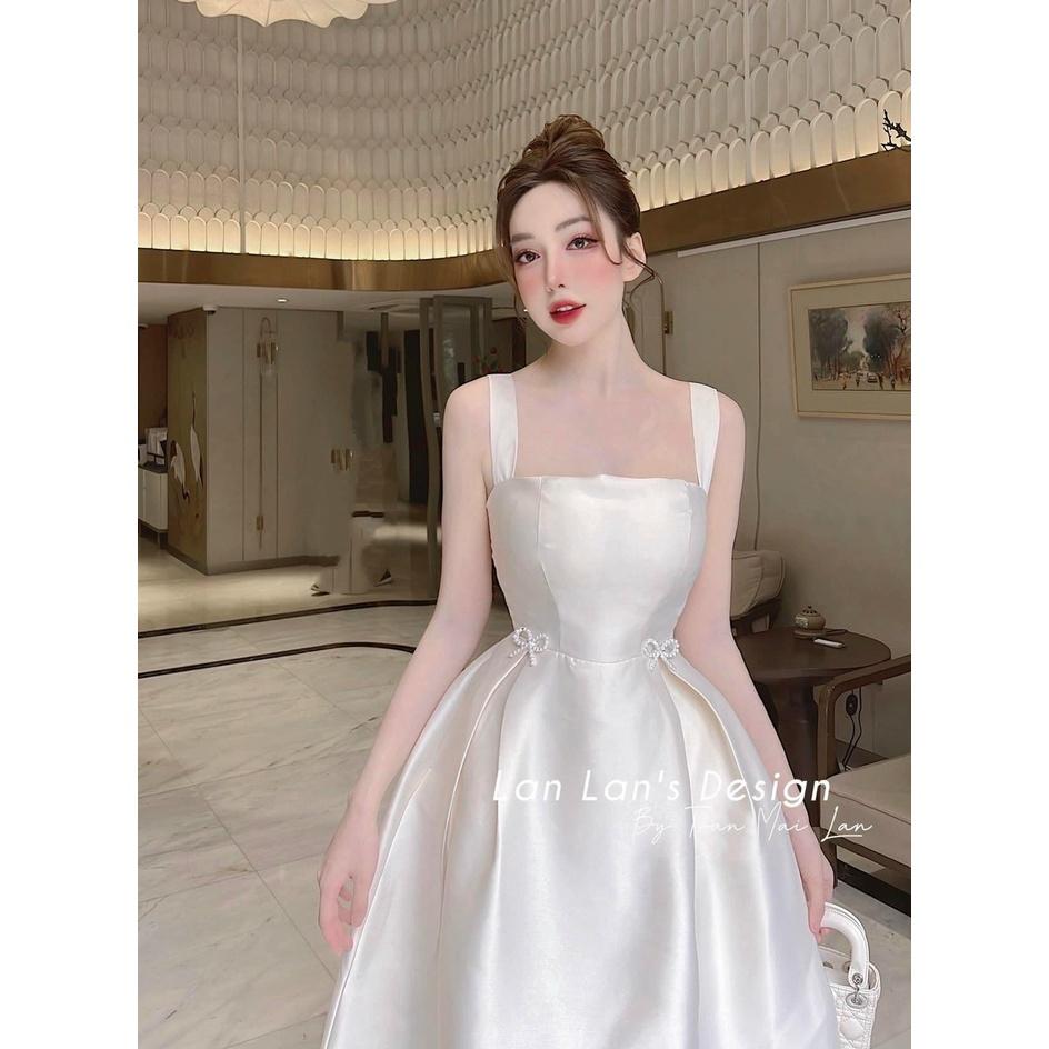 Đầm váy nữ 2 dây đính nơ eo với màu siêu tôn da sang chảnh bồng bềnh dành cho các nàng đi dự tiệc