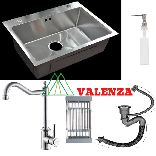 Combo chậu rửa bát 1 hố Valenza sus304 6045, vòi rửa bát nóng lạnh cổ điển, xả, rổ, bình xà phòng