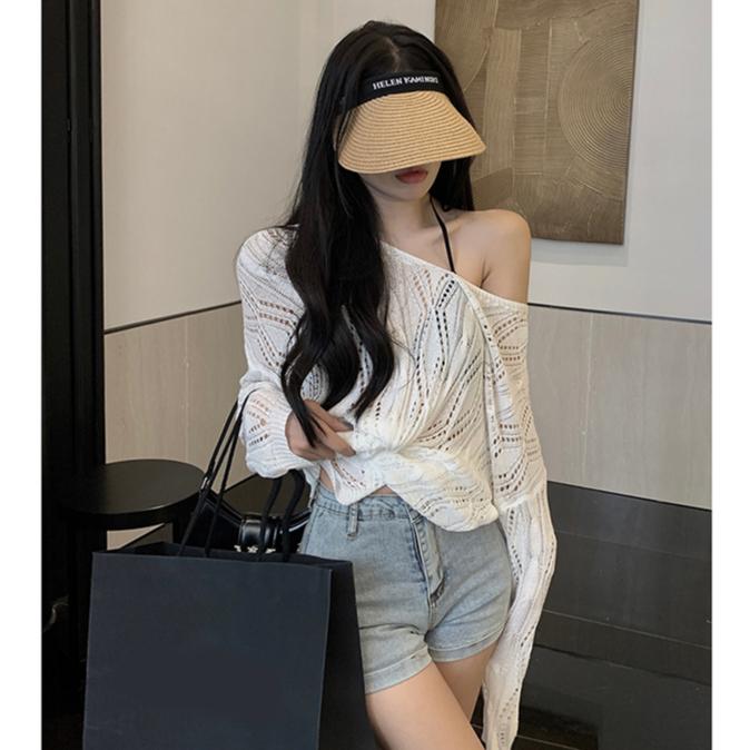 [L2M] Áo LƯỚI len Montoghi dệt kim ĐAN DÂY V MẶC 2 KIỂU phom rộng tay dài cá tính