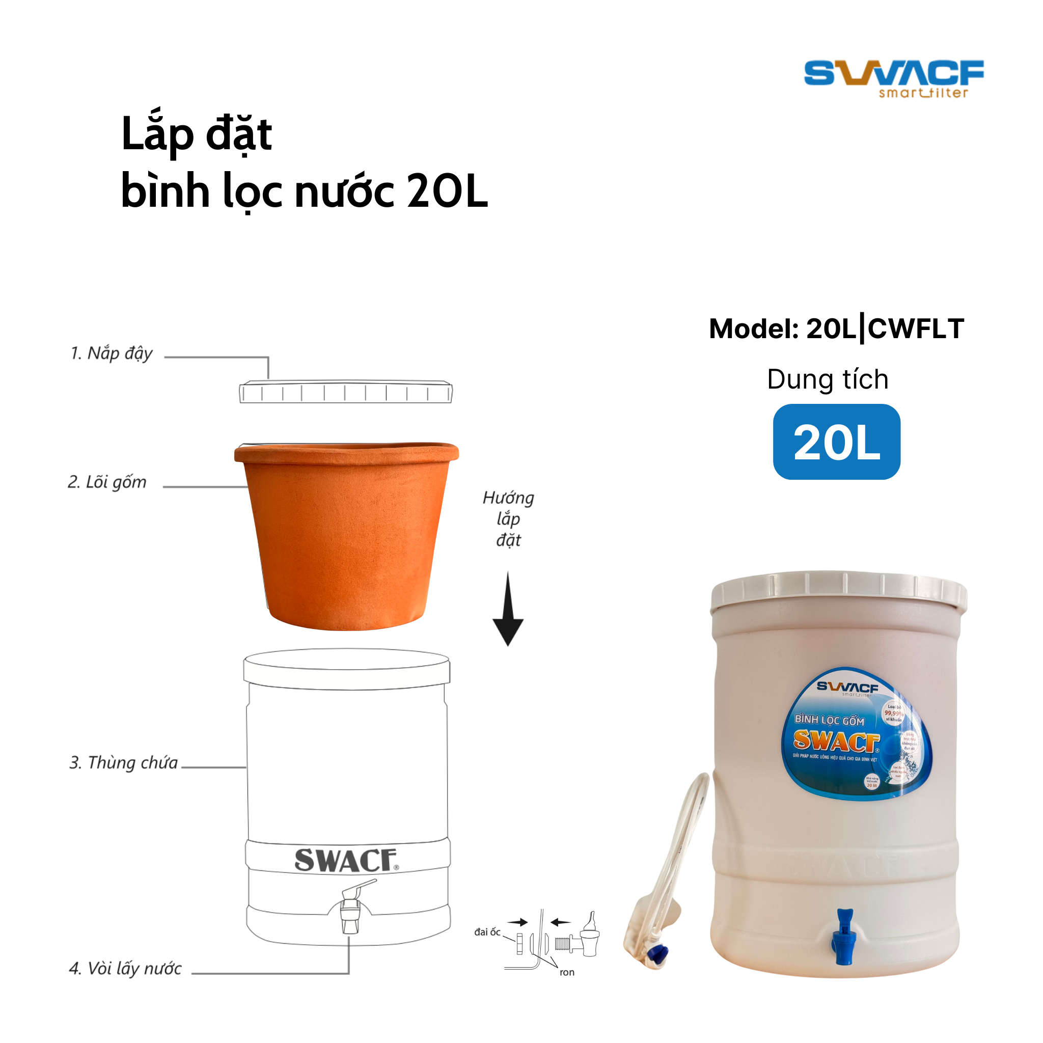 Compo 2 bình lọc nước uống trực tiếp SWACF 20L | CWFLT, lõi lọc 10L, tốc độ lọc 2 - 4 lít/giờ, giữ khoáng thiết yếu