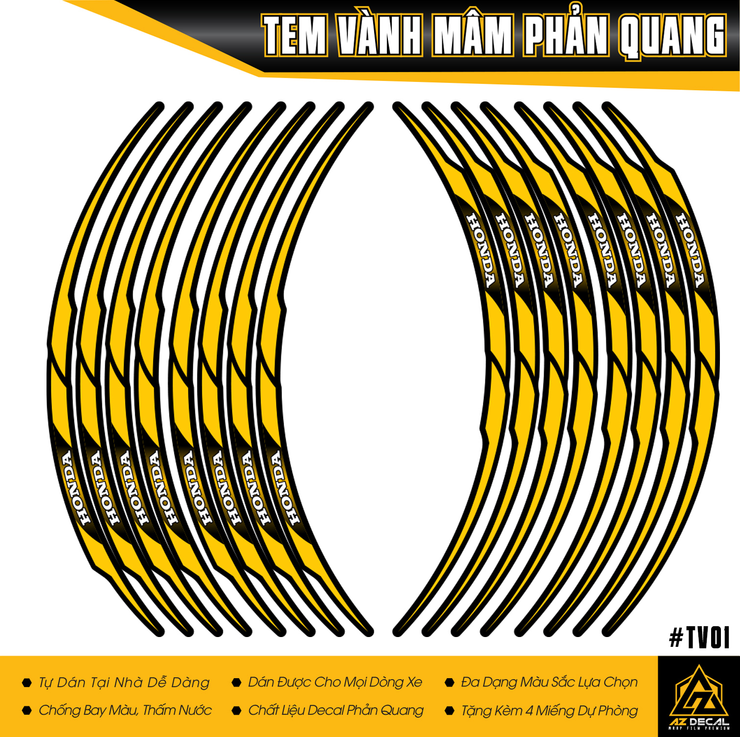 Tem Dán Vành Xe Máy Phản Quang Logo Chữ Honda TV01 | Decal Dán Mâm Xe Chất Liệu Chính Hãng Chống Nước, Bền Màu, Bộ Dán Đủ 2 Vành Xe