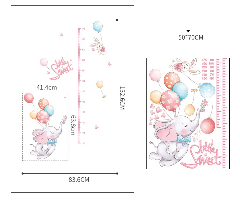 Decal dán tường thước đo chiều cao Chú voi bay màu hồng dễ thương