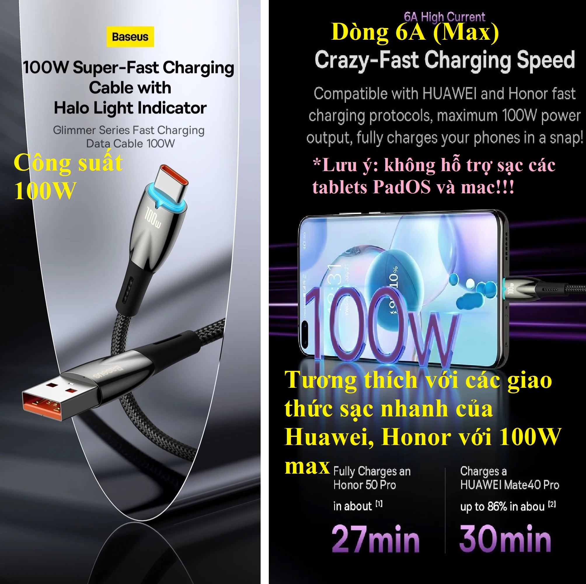 Cáp sạc 100W Usb-C cho các thiết bị huawei Honor Baseus Glimmer CB000024 _ Hàng chính hãng