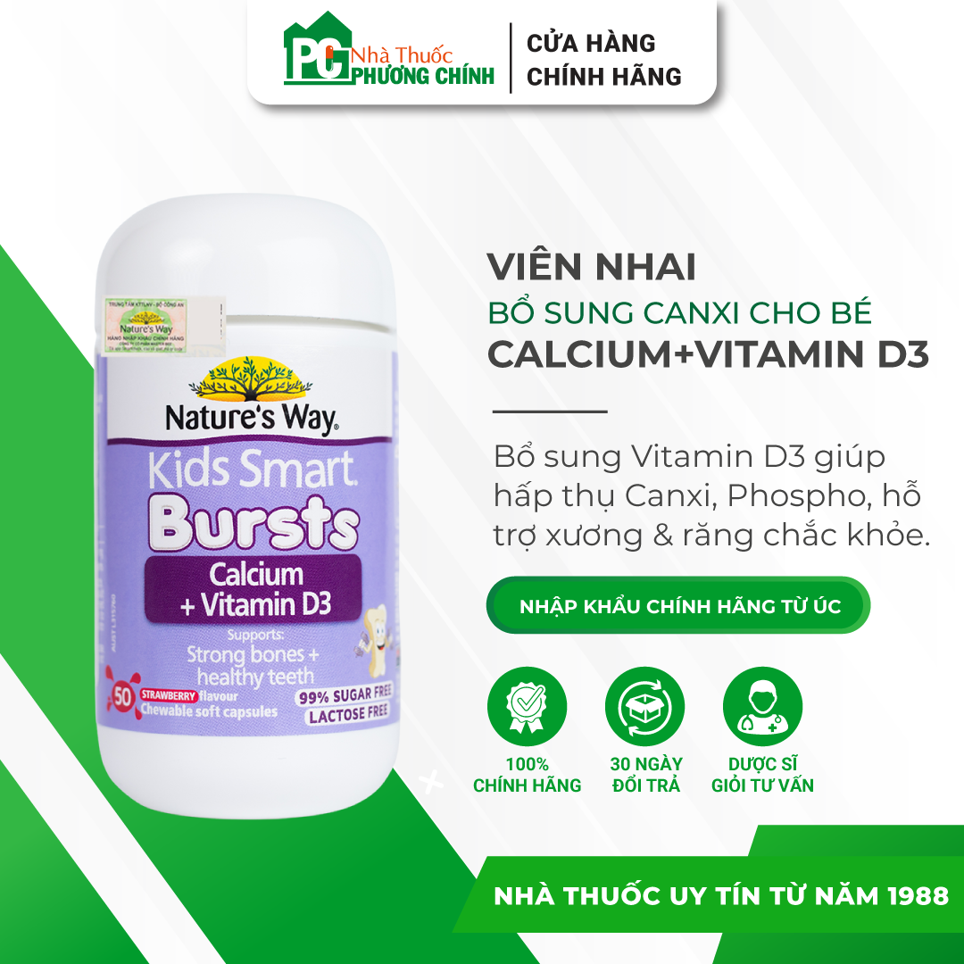Viên Nhai Bổ Sung Canxi Cho Bé Kids Smart Bursts Calcium + Vitamin D3 Nature's Way (50 viên)