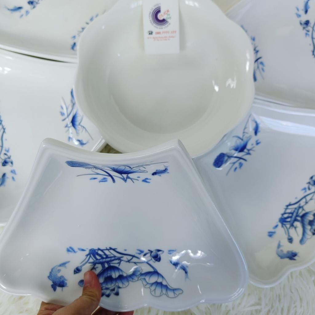 Bộ bát đĩa gốm sứ Minh Châu hoa mặt trời lá sen xanh cao cấp Minh Châu 7 chi tiết loại dầy lớn
