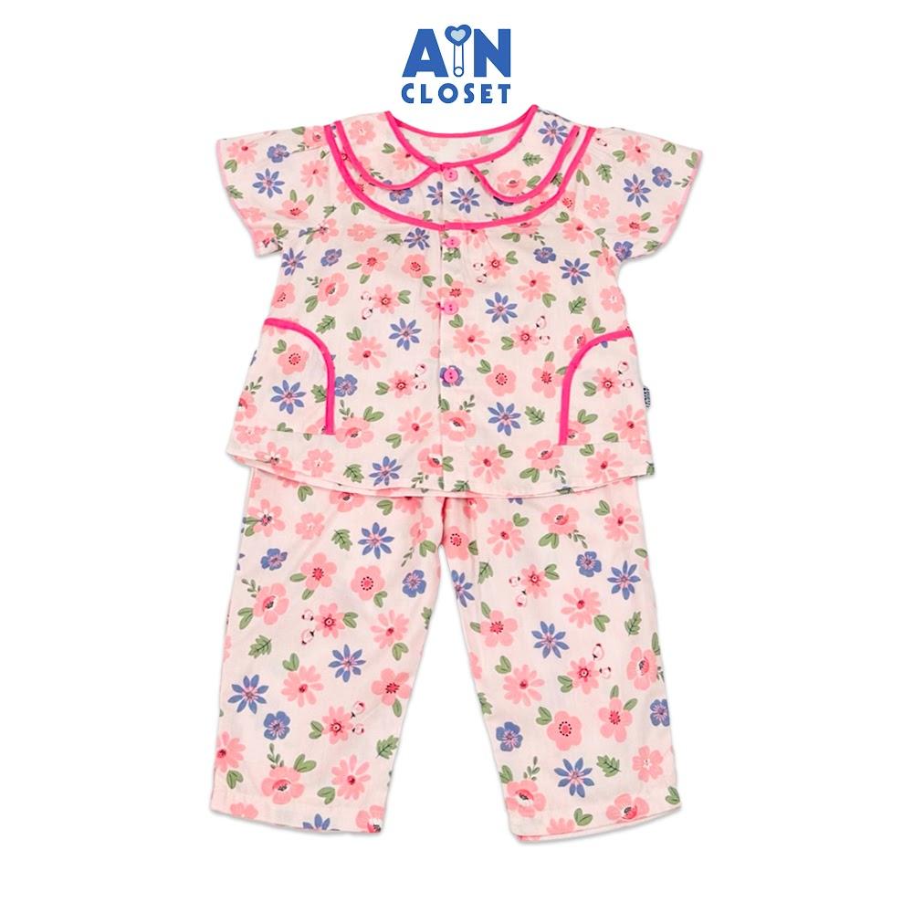 Bộ quần áo Dài tay ngắn bé gái Hoa Pansy Hồng Xanh cotton - AICDBG7OCAAT - AIN Closet