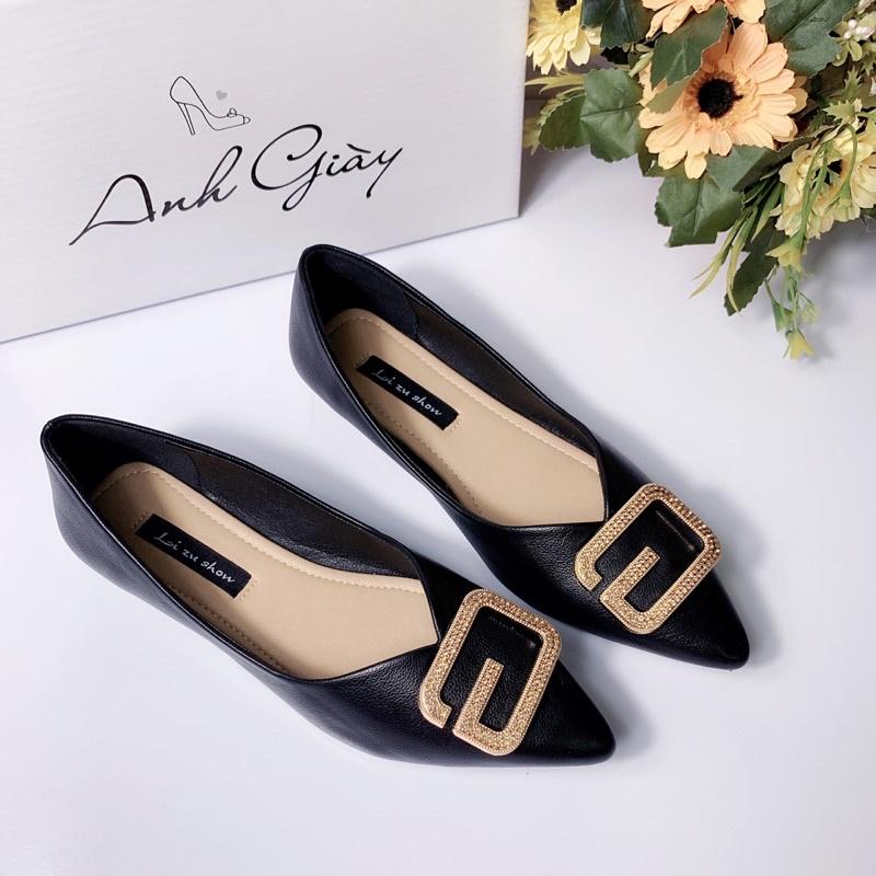 GB62 - Giày bệt nữ đế bằng, giày búp bê da lì mũi nhọn nơ khoá chữ G đế cao su dẻo phù hợp đi làm, đi chơi, đi học