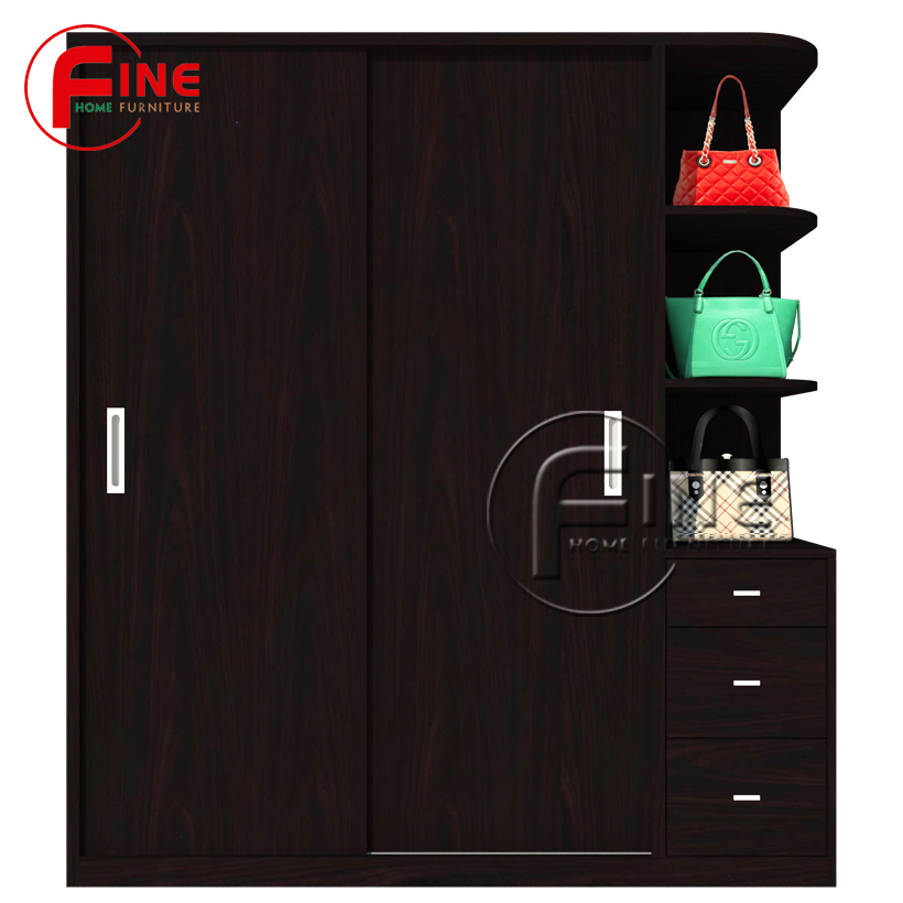 Tủ Quần Áo 2 Cánh Cửa Lùa và 3 hộc kéo và kệ trưng bày hiện đại sang trọng FINE FT198T Kích thước 1m6