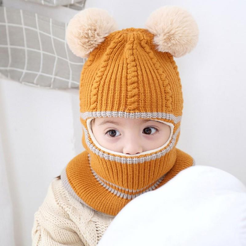 Mũ len trùm đầu quả bông dễ thương liền khăn cổ giữ ấm chồng gió lạnh mùa đông cho bé - mu len trum dau