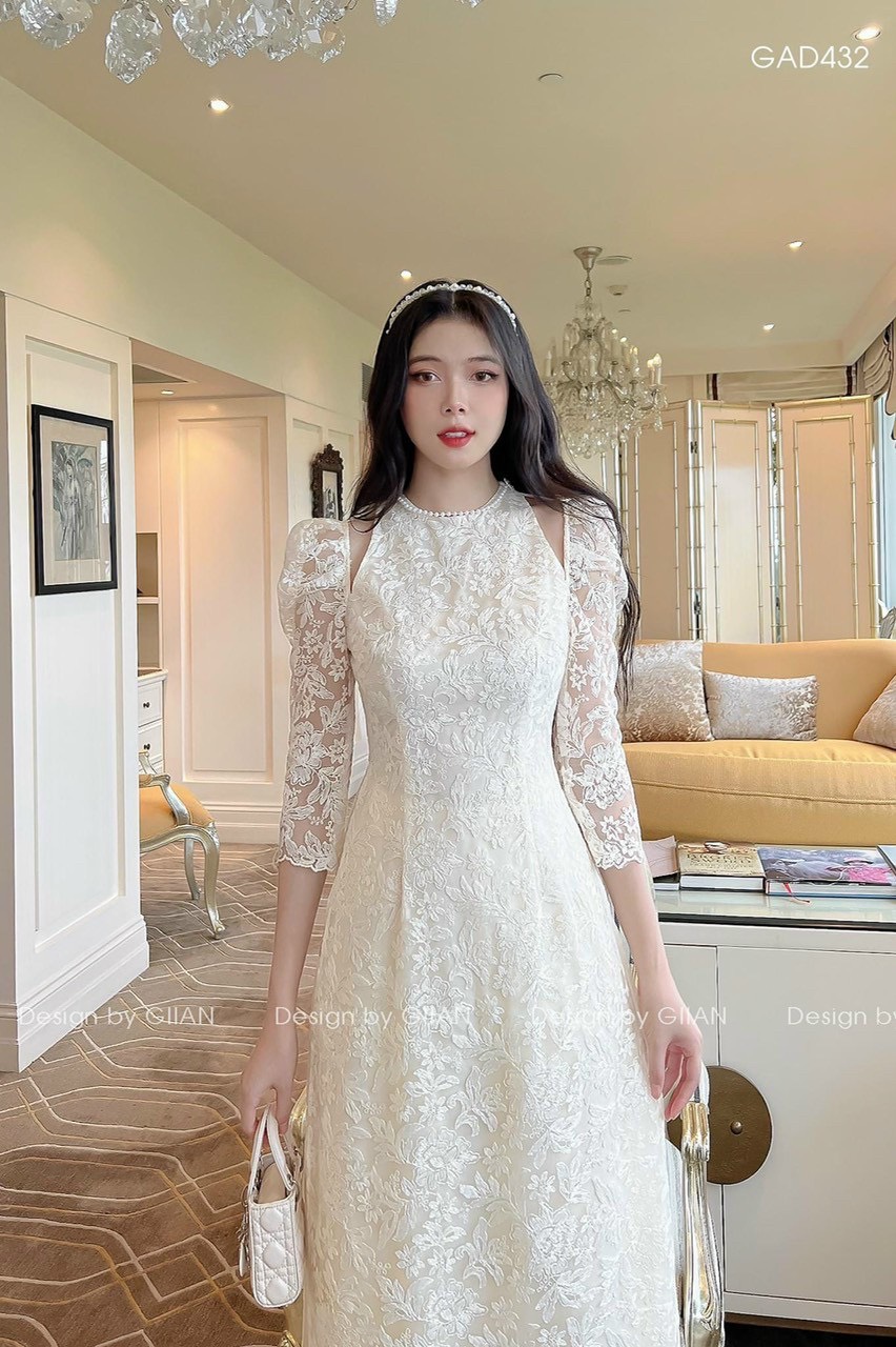 ÁO DÀI REN CAO CẤP CỔ ĐÍNH HẠT NGỌC