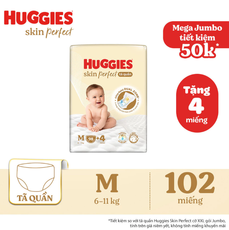 Tã quần Huggies Skin Perfect Mega Jumbo M98+4 miếng với 2 vùng thấm giảm kích ứng da