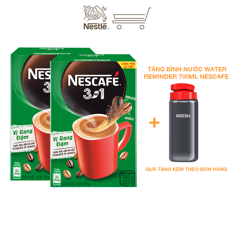 [Tặng bình nước Water Reminder 700ml] Combo 2 hộp cà phê hòa tan Nescafé 3in1 vị rang đậm - công thức cải tiến (Hộp 20 gói)