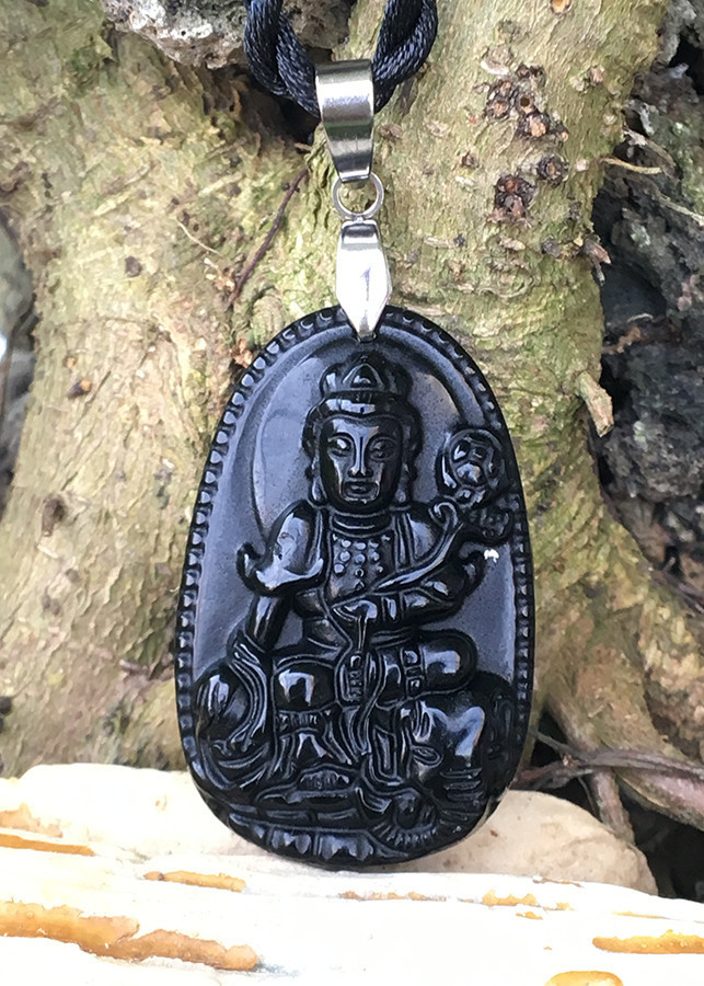 Dây chuyền mặt Phật Phổ Hiền Bồ Tát, Cho Tuổi Tỵ,  Đá Núi lửa Obsidian-    Cao Cấp, Nhỏ,  BAN5