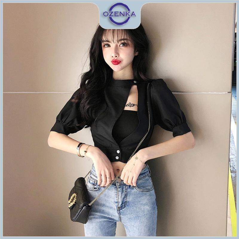 Áo croptop ôm nữ tay lỡ cổ cao cài khuy gợi cảm OZENKA , crt kiểu hàn quốc thun 100% cotton tự nhiên đen trắng dưới 55kg