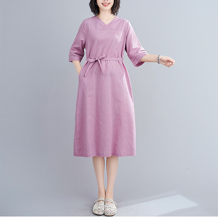 Đầm suông linen cổ tim chồng tay lỡ ArcticHunter, thời trang hè thu 2022 - Tím nhạt