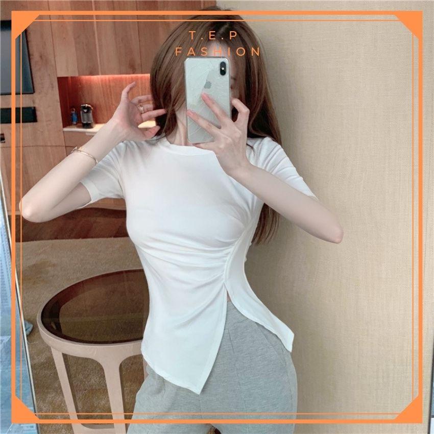 Áo Phông Nữ Ngắn Tay Cổ Tròn Nhún Eo Xẻ Tà Cách Điệu Tep Fashion - AP009