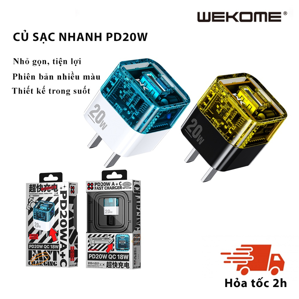 Bộ củ cáp sạc nhanh WEKOME 33W U115 trong suốt 2 cổng sạc usb và type C cho mọi loại máy 