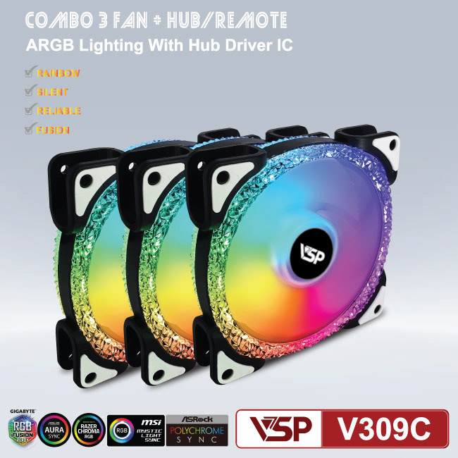 Bộ Kit 3 Fan VSP V309C LED RGB (01 Hộp có 3 Fan/Hub/Remote) - Hàng chính hãng Tech Vision phân phối