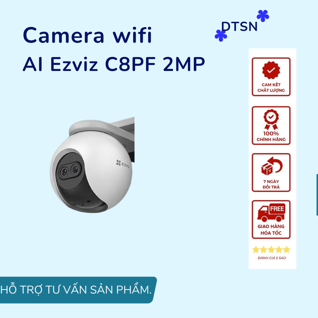 Camera wifi không dây tích hợp AI Ezviz C8PF 2MP, ống kính kép, ghi âm, xoay 360 độ (hàng chính hãng)