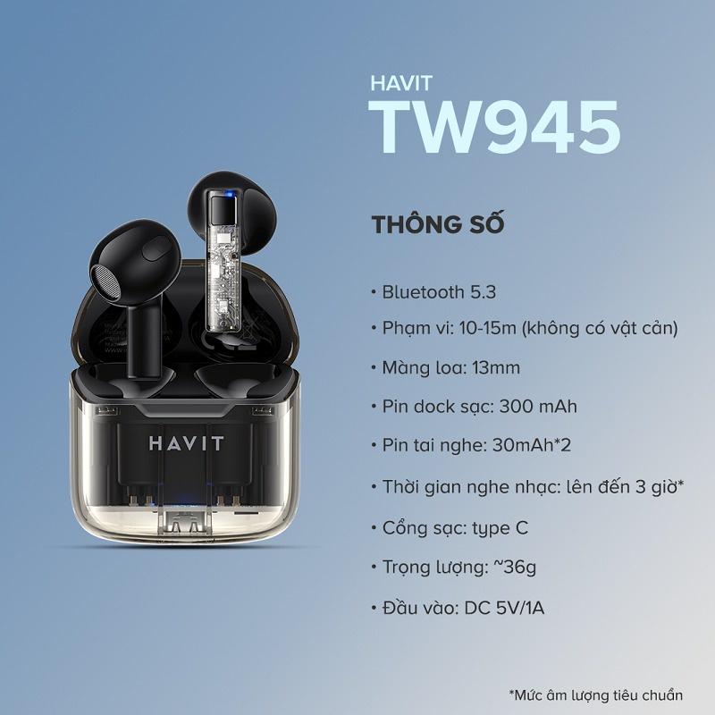 Tai Nghe TWS HAVIT TW945, Trong Suốt Transparent, Bluetooth 5.3, Gamemode 50ms, Nghe Đến 4H - Hàng Chính Hãng