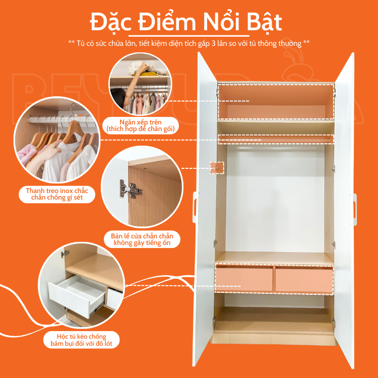 Tủ Quần Áo Gỗ Cửa Mở BEYOURs Mina 2 Cánh Màu Trắng Phối Gỗ Hiện Đại Thiết Kế Nhiều Ngăn Tiện Dụng